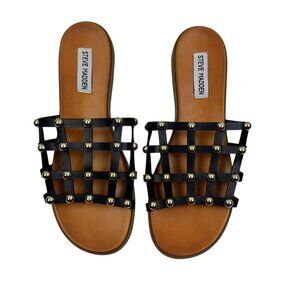 Steve Madden Beil Black With Gold Studs Caged Flat Sandals Women's Size 9
